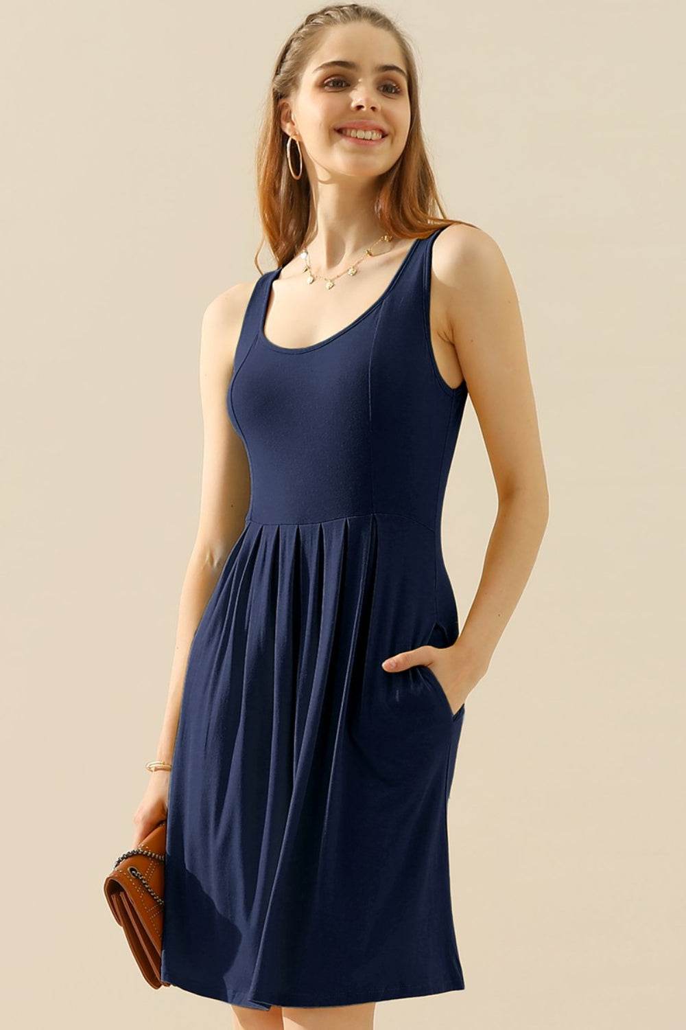 Doublju Full Size Round Neck Ruched Sleeveless Dress with Pockets - Concordia Style Boutique