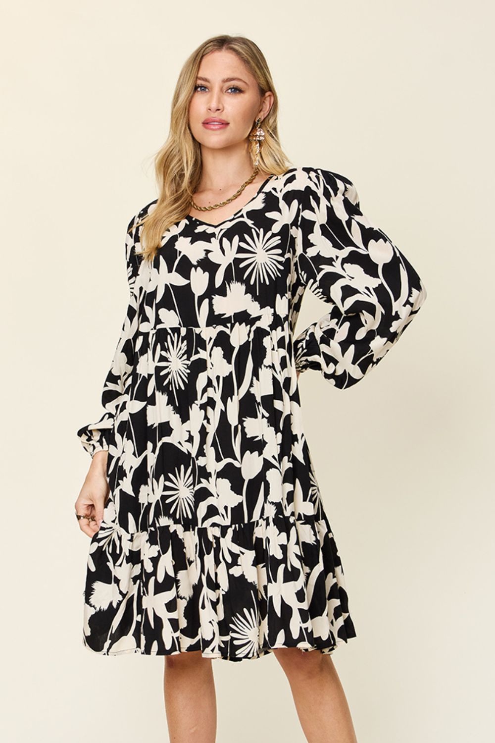 Double Take Full Size Printed Ruffle Hem Long Sleeve Dress - Concordia Style Boutique