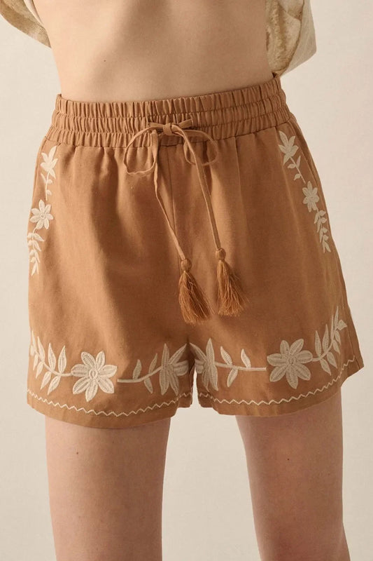 Embroidered Boho Tasseled Drawstring Elastic Waist Casual Shorts - Concordia Style Boutique