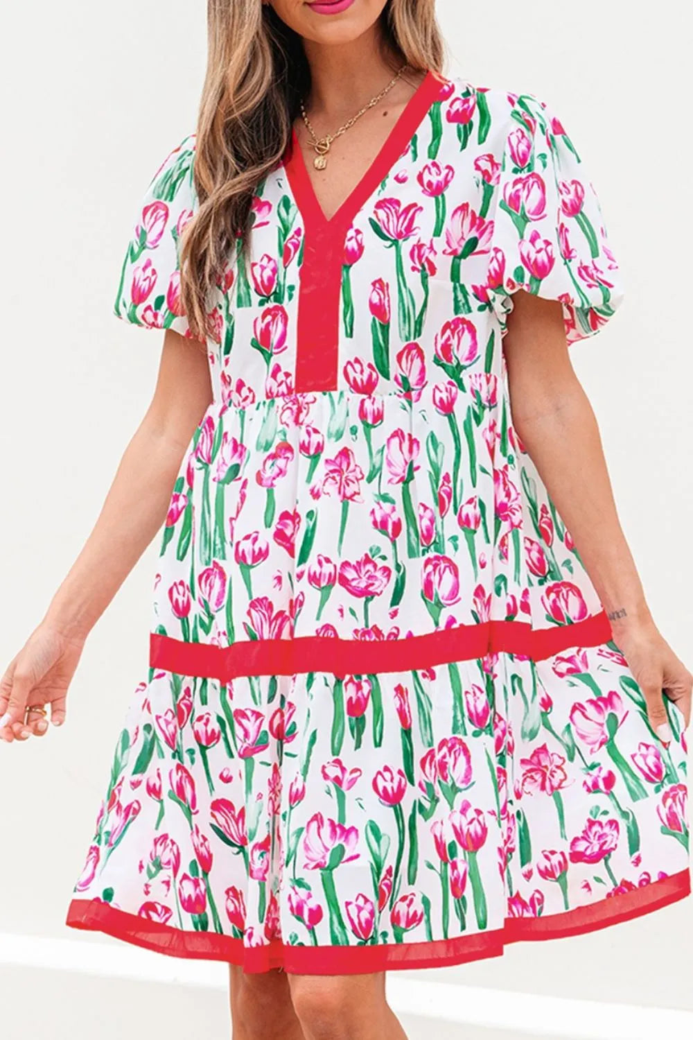 Floral Print Contrast Trim V Neck Bubble Short Sleeve Babydoll Dress - Concordia Style Boutique