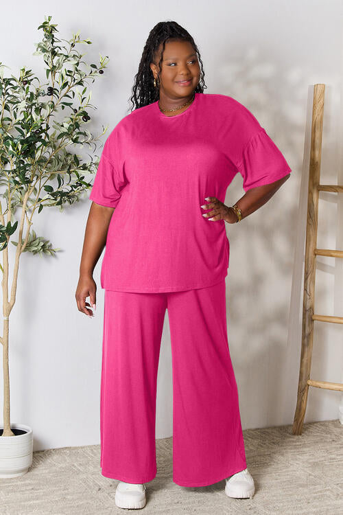 Double Take Full Size Round Neck Slit Top and Pants Set - Concordia Style Boutique