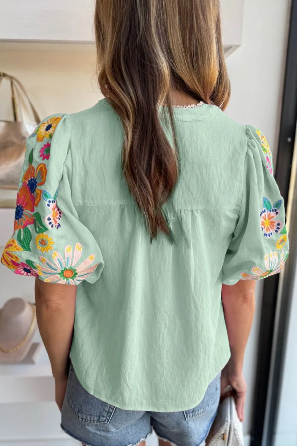 Embroidered Tie Neck Short Sleeve Blouse - Concordia Style Boutique