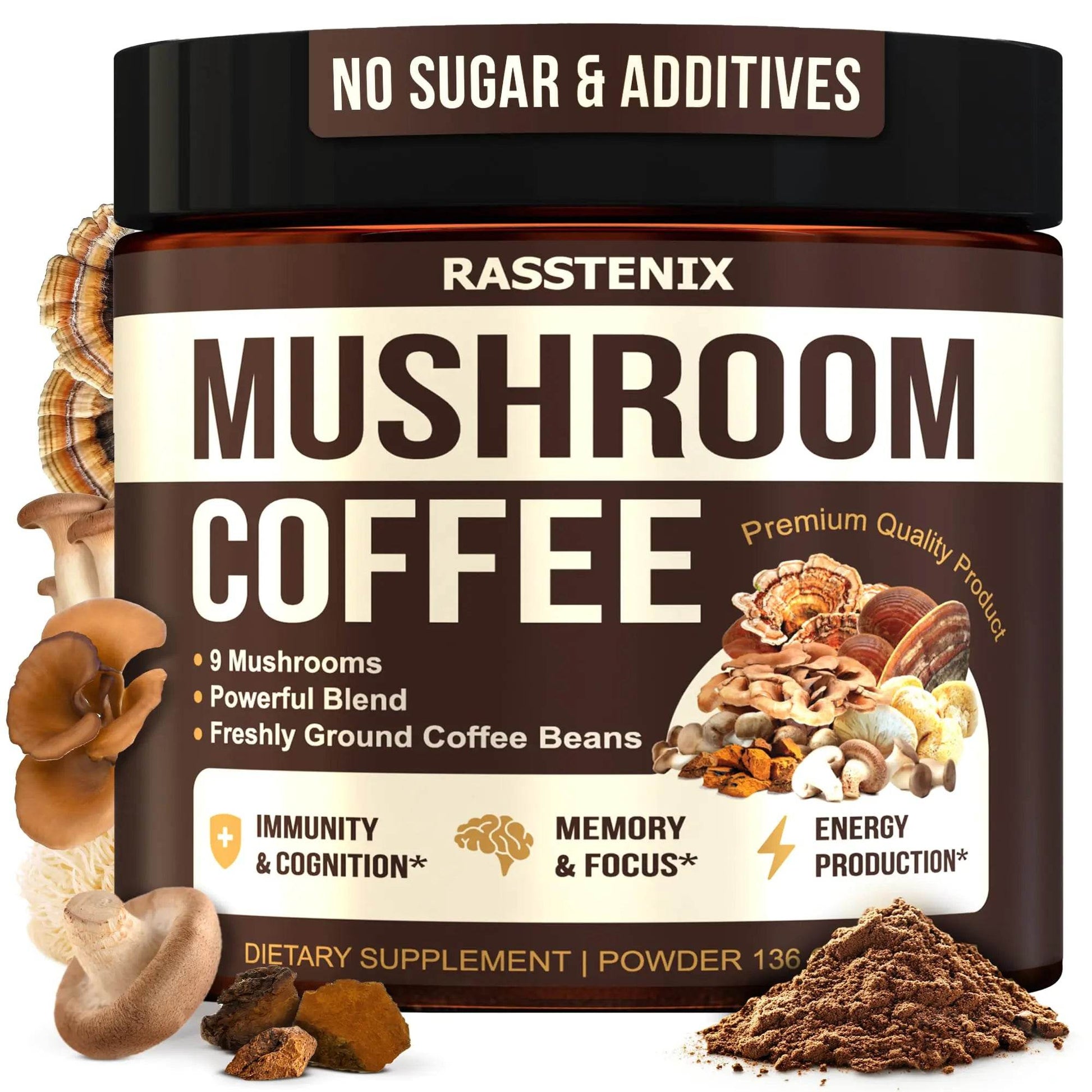 Rasstenix Organic Mushroom Coffee - 9 Mushroom Adaptogen Mix - Lions Mane Chaga Turkey Tail Reishi Shiitake - Instant Mushrooms Coffee for Gut Health Energy Mental Clarity - 60 Servings - Concordia Style Boutique