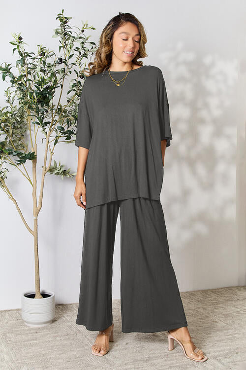 Double Take Full Size Round Neck Slit Top and Pants Set - Concordia Style Boutique