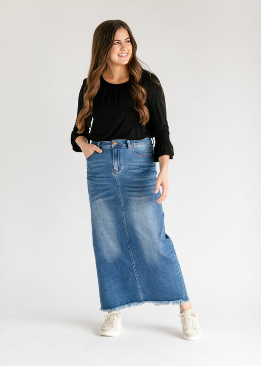 Dakotah Raw Hem Long Denim Skirt - Concordia Style Boutique