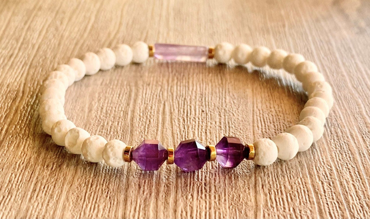 Danielle Handmade White Lava Stone, Amethyst, and Gold Plated Hematite Expandable Bracelet