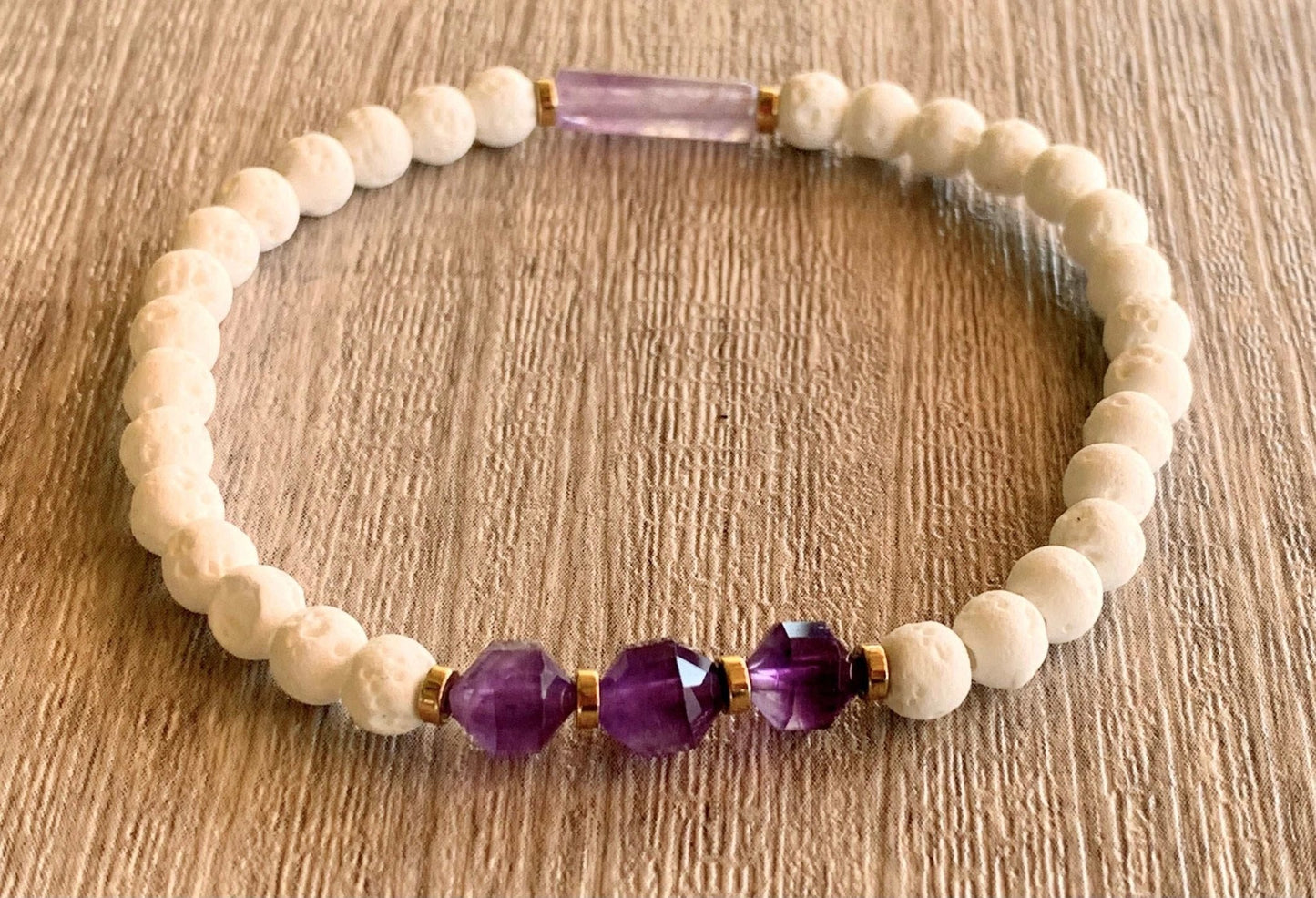 Danielle Handmade White Lava Stone, Amethyst, and Gold Plated Hematite Expandable Bracelet