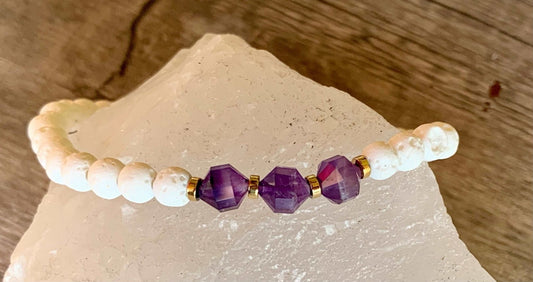 Danielle Handmade White Lava Stone, Amethyst, and Gold Plated Hematite Expandable Bracelet