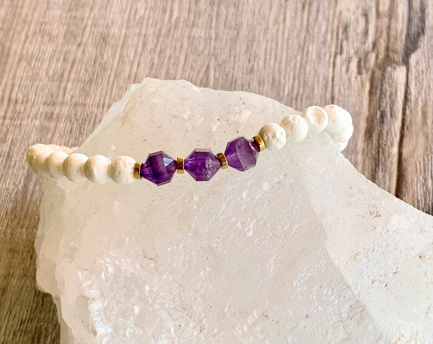 Danielle Handmade White Lava Stone, Amethyst, and Gold Plated Hematite Expandable Bracelet