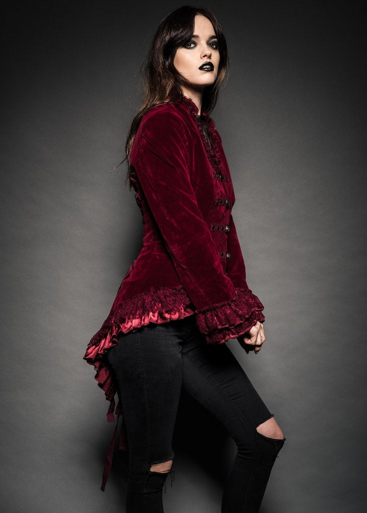 Red Velvet Steampunk Jacket Gothic Tail Coat - Concordia Style Boutique
