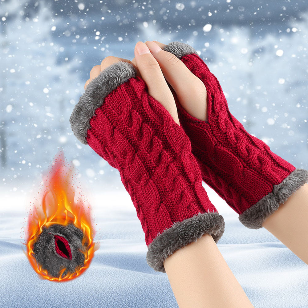 Winter Plush Twist Knitted Fingerless Fleece Women Gloves - Ultra Soft Thermal Comfort