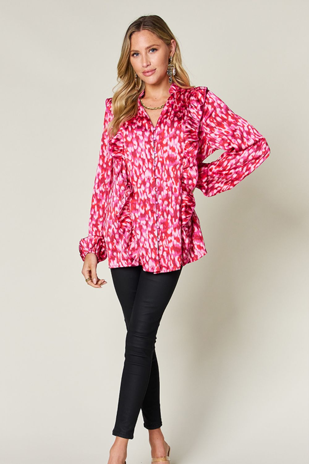 Double Take Full Size Printed Ruffle Trim Balloon Sleeve Shirt - Concordia Style Boutique