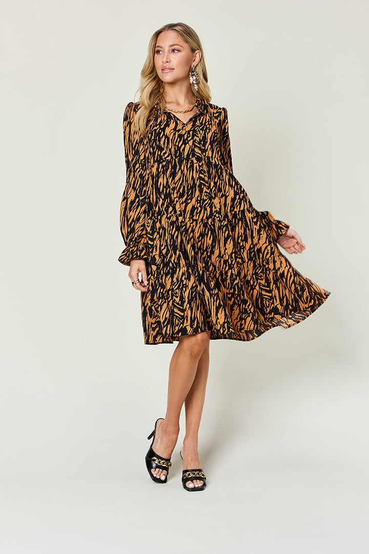 Double Take Full Size Printed Ruffle Hem Long Sleeve Dress - Concordia Style Boutique