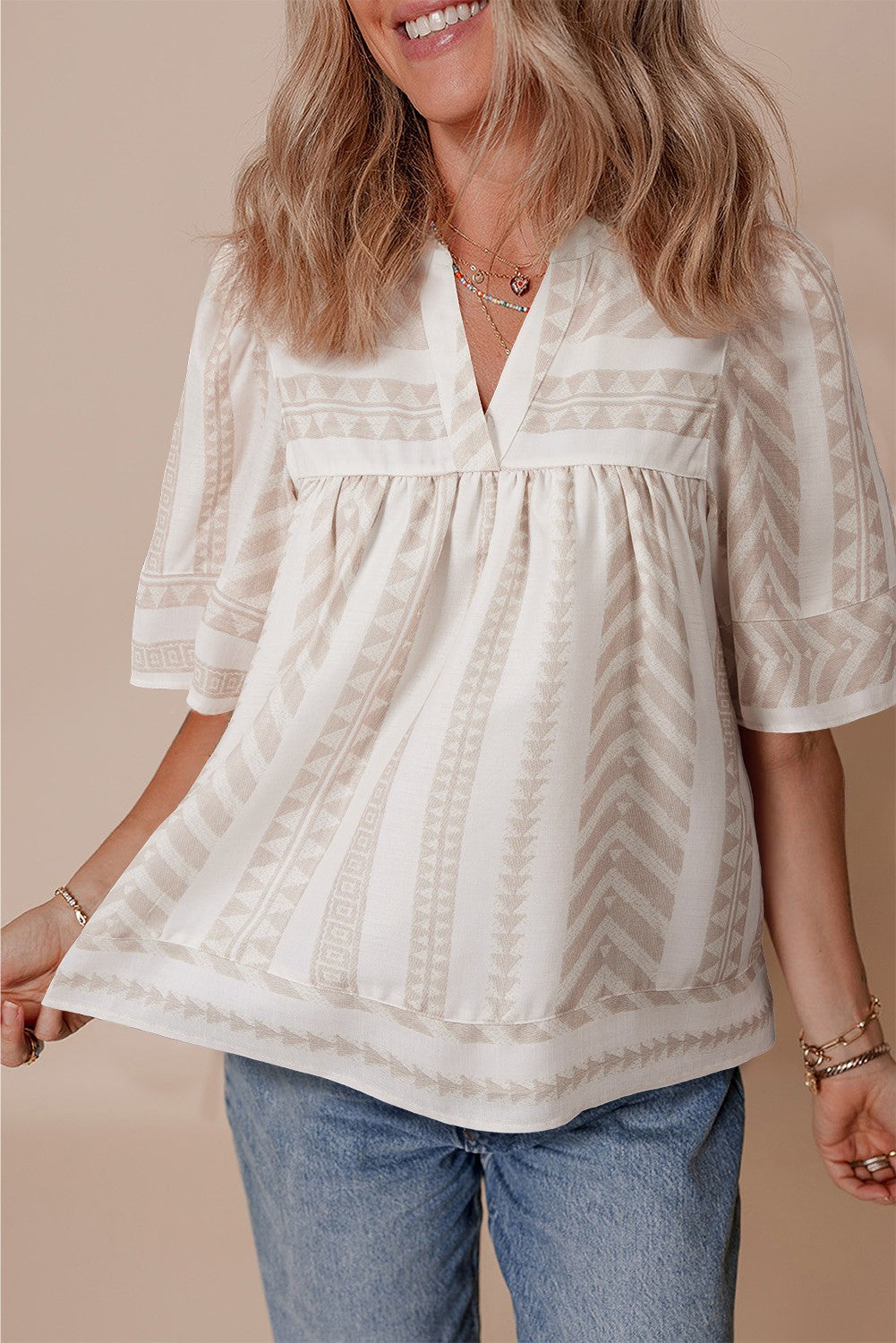 Analia Jacquard Split V Neck Short Sleeve Blouse - Concordia Style Boutique