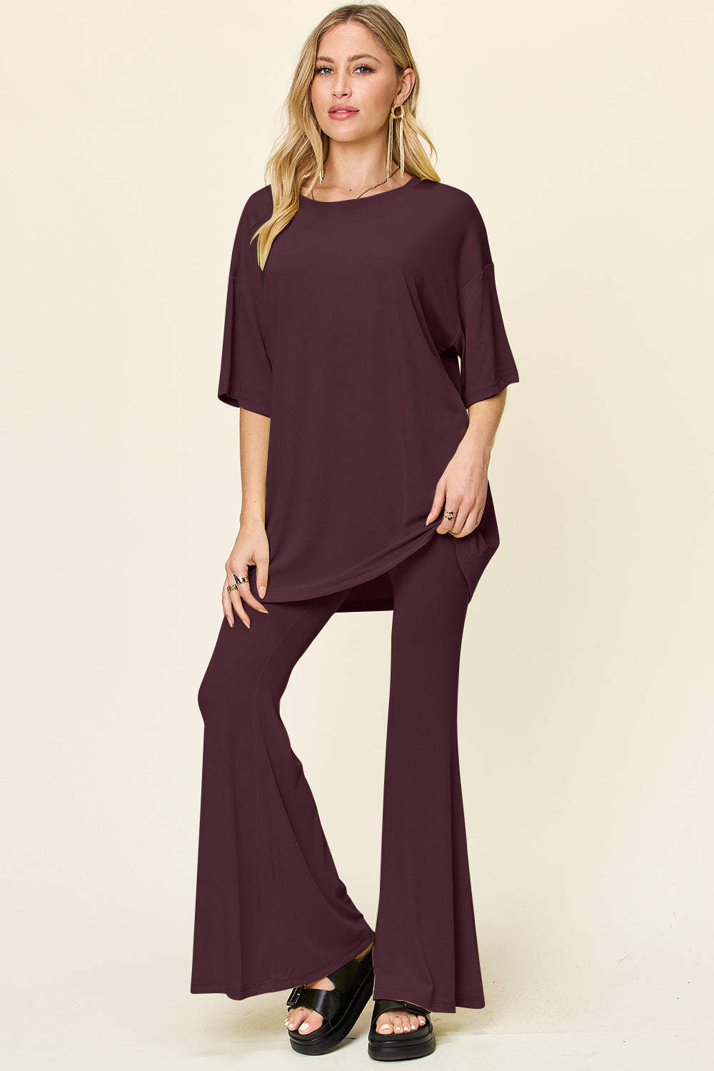Double Take Full Size Round Neck Drop Shoulder T-Shirt and Flare Pants Set - Concordia Style Boutique