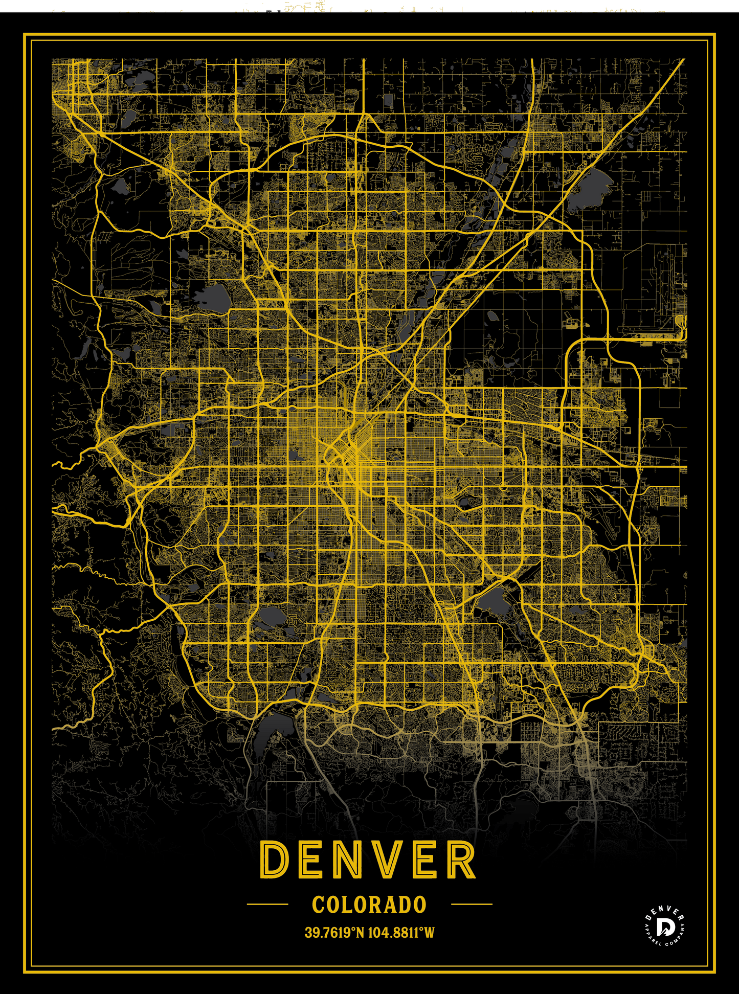 Denver City Map Poster - Black & Yellow