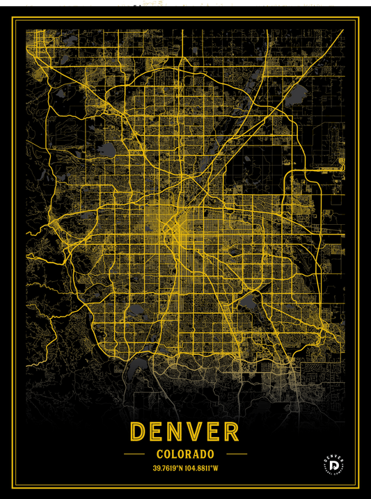 Denver City Map Poster - Black & Yellow