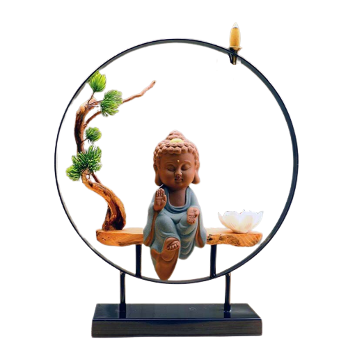 Sitting Buddha Round Big Backflow Incense Burner With Tree And Lotus Stick Holder