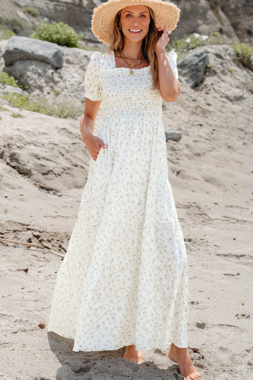 White Frilly Shirred Bodice Tiered Floral Maxi Dress - Concordia Style Boutique