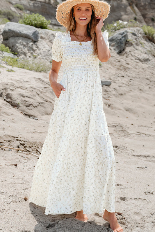 White Frilly Shirred Bodice Tiered Floral Maxi Dress - Concordia Style Boutique