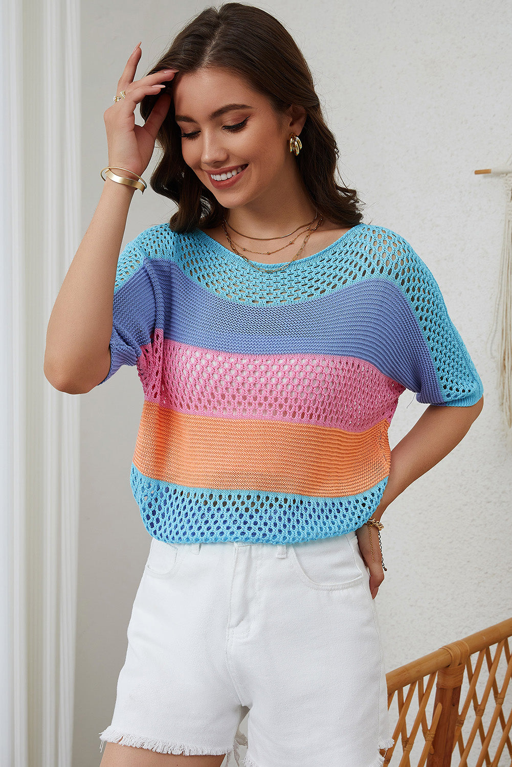 April Knitted Eyelet Colorblock Striped Half Sleeves Top - Concordia Style Boutique