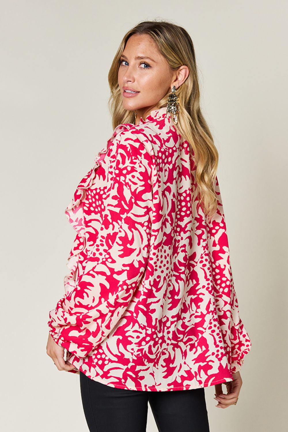 Double Take Full Size Printed Ruffle Trim Balloon Sleeve Shirt - Concordia Style Boutique