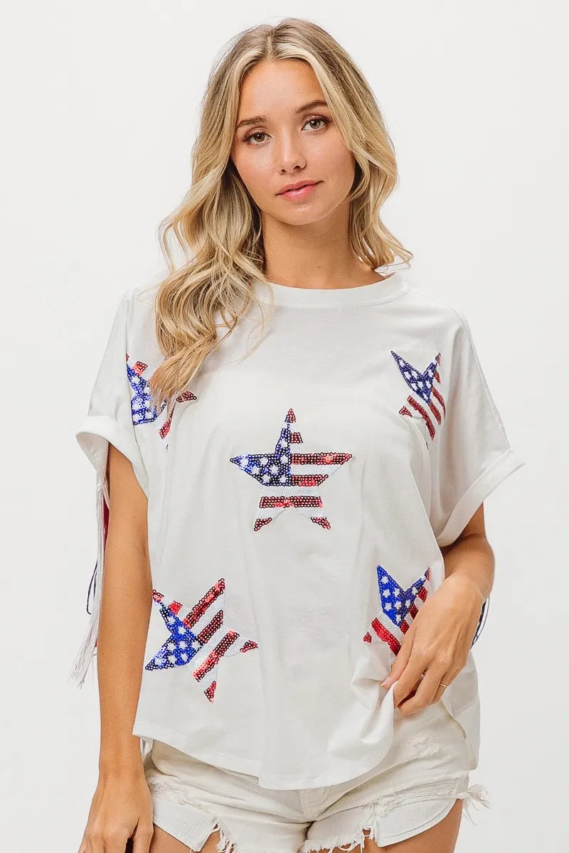 BiBi American Flag Sequin Star Fringe Top
