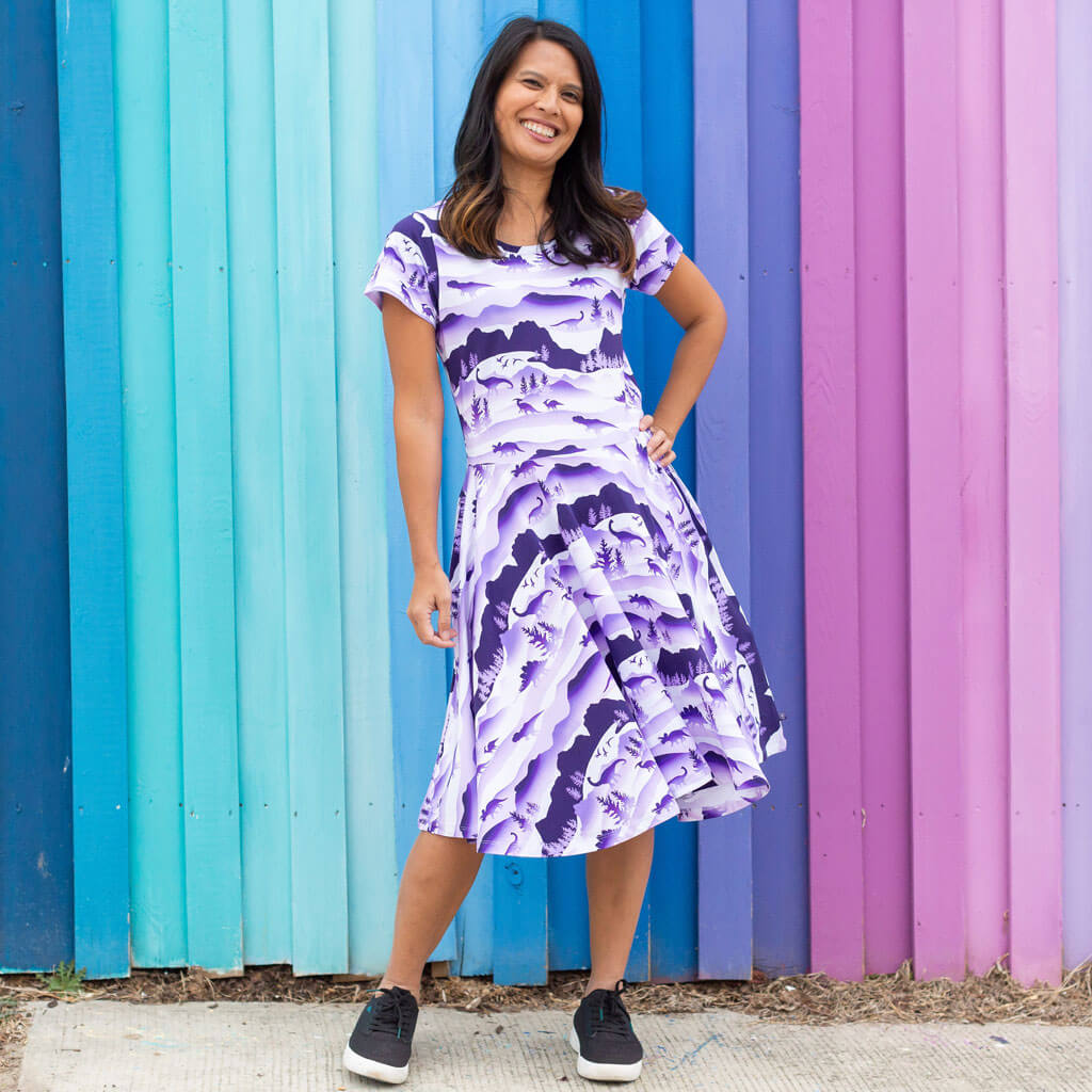 Adult "Dinoscape" Dinosaur Wilderness Super Twirler Dress with Pockets