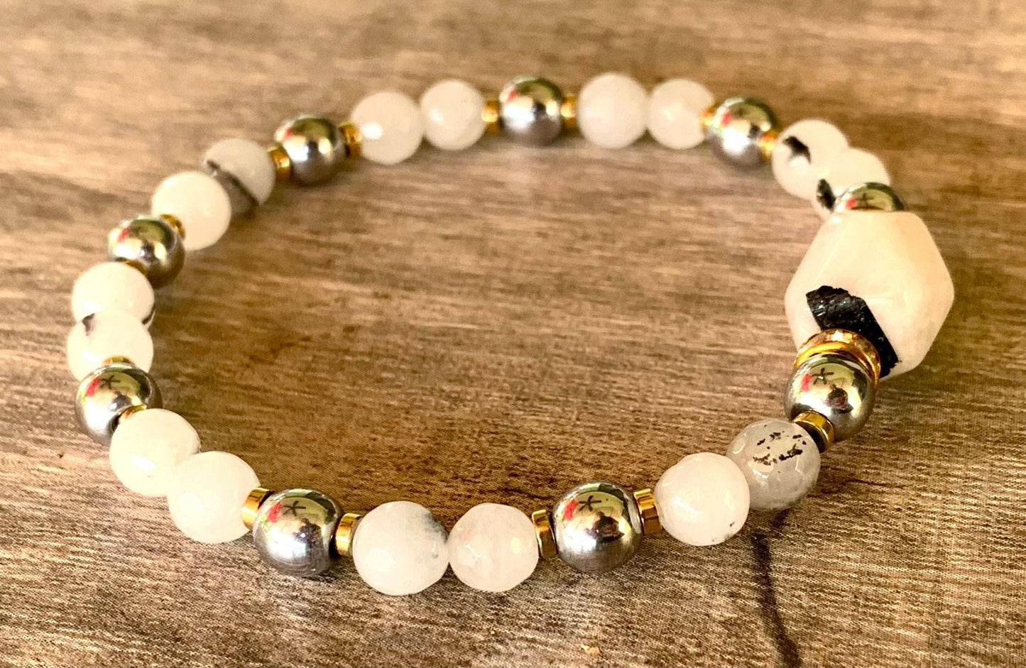 Dori Handmade Rutilated Quartz and Hematite Expandable Bracelet