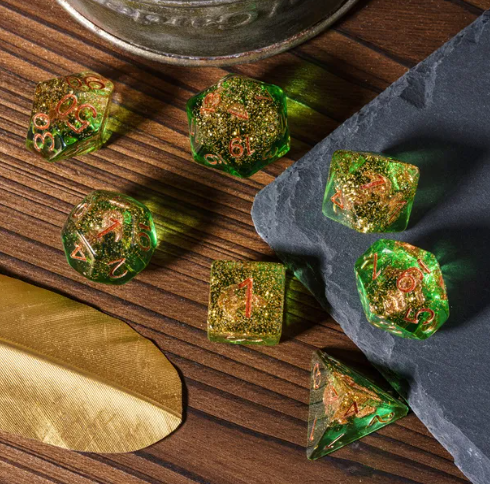 Nautical Odyssey Green 7-Dice Set DND RPG Dice Gold AnchorInclusion