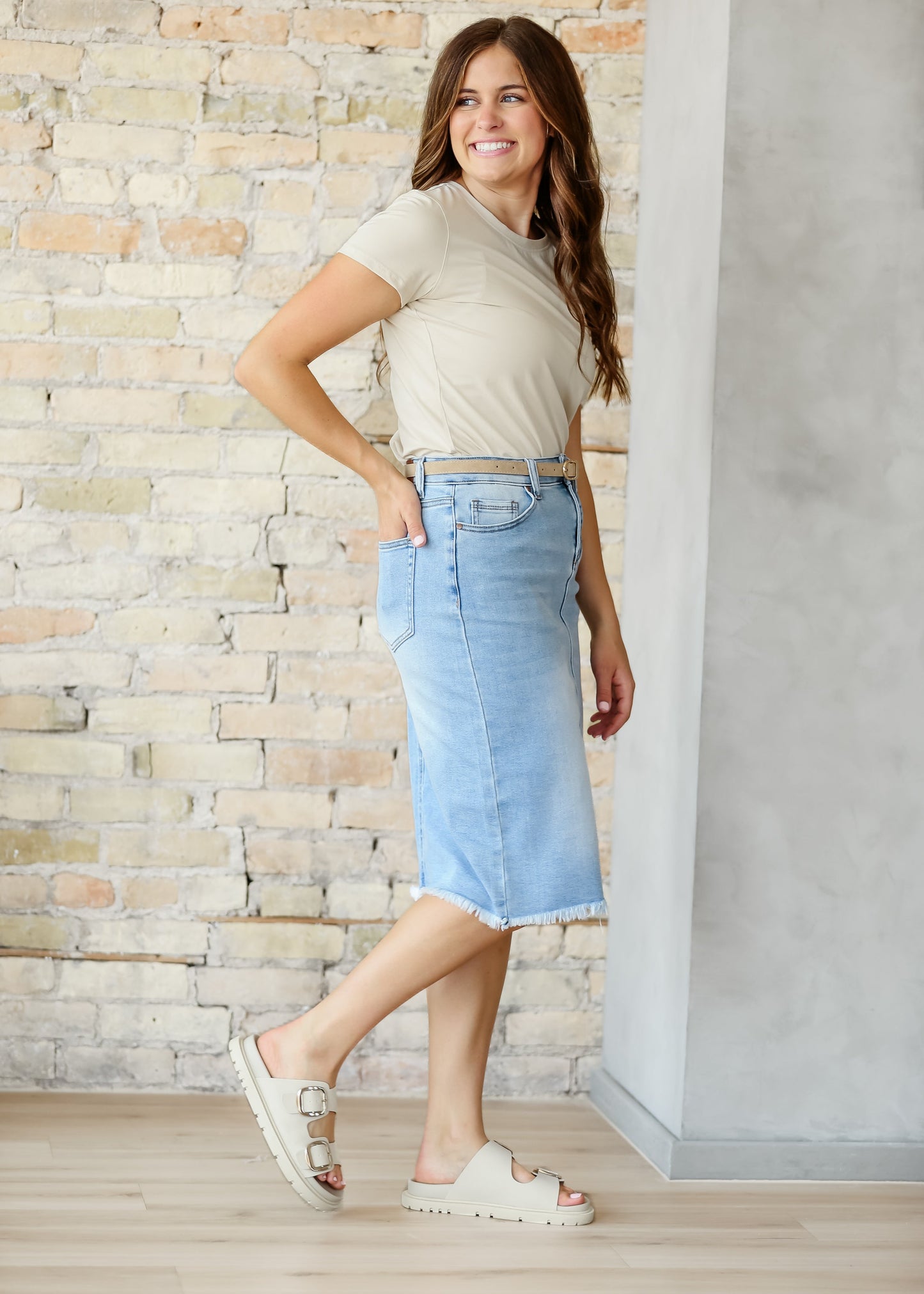 Drew Raw Hem Midi Denim Skirt