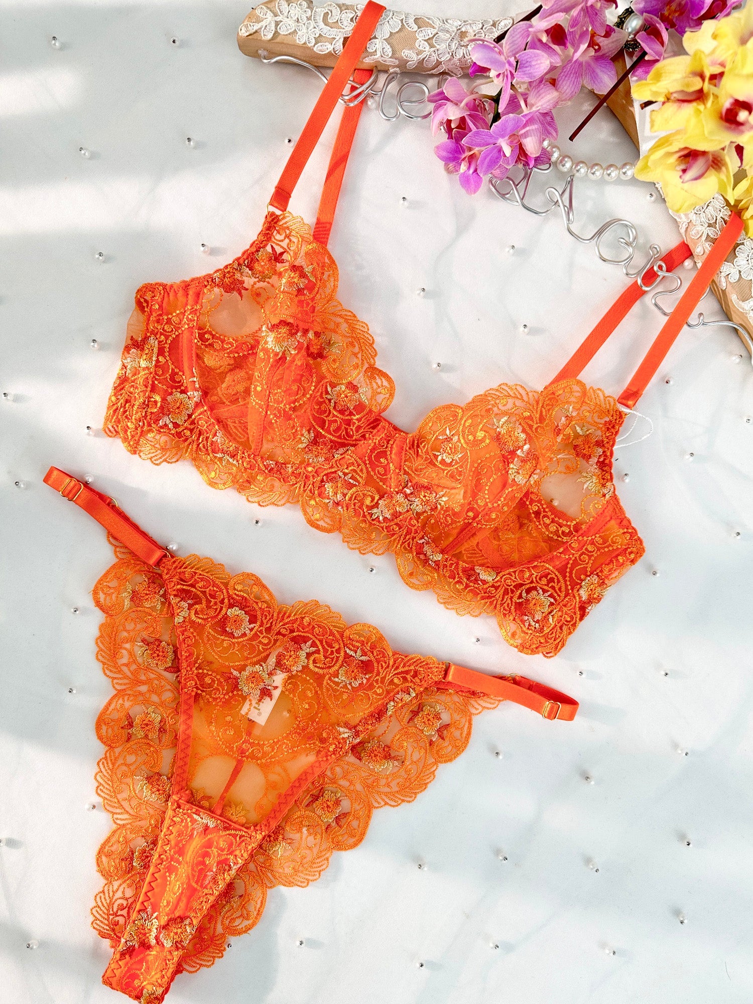 Orange Floral Embroidery Lingerie Set - Concordia Style Boutique