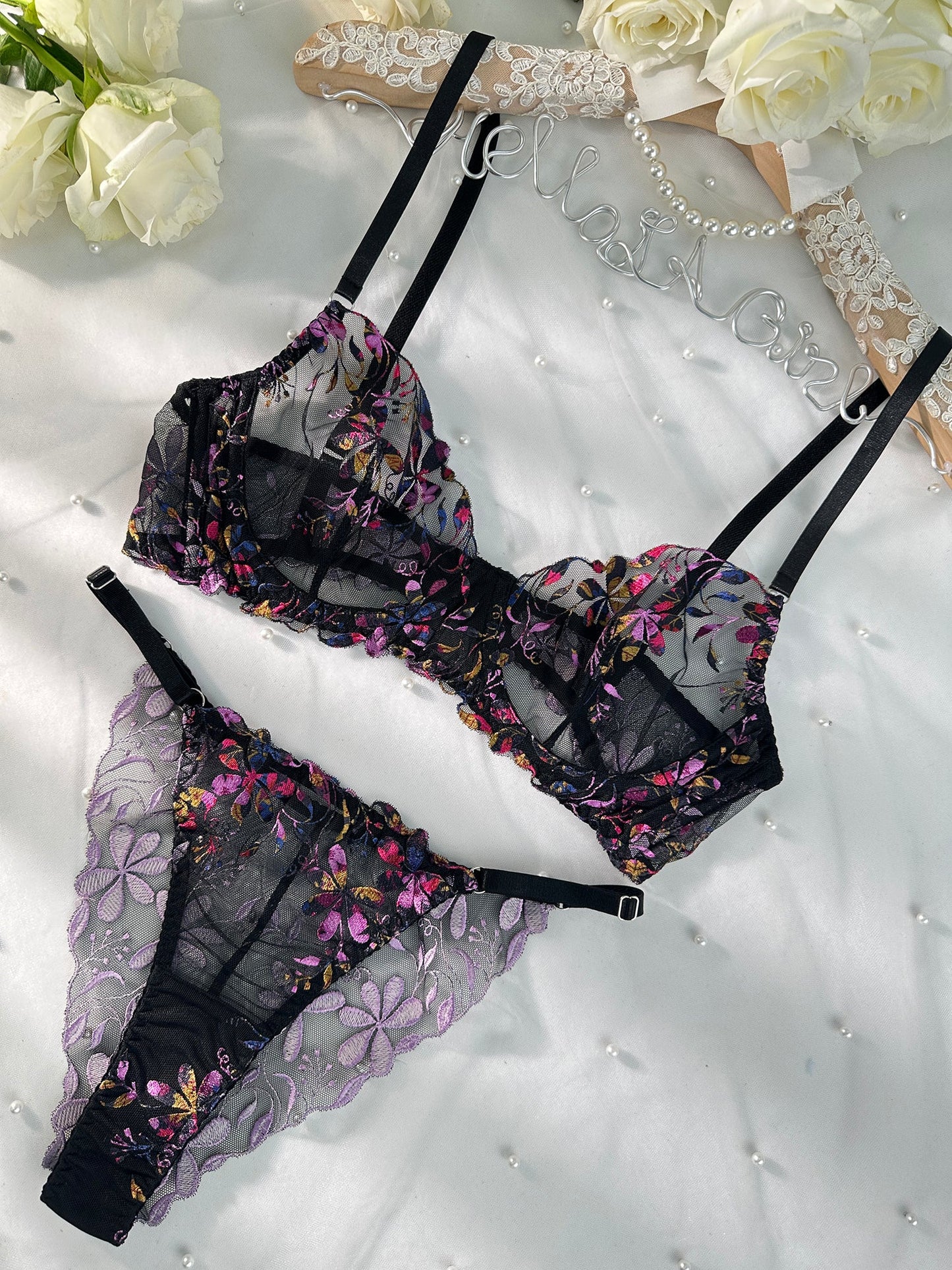 Midnight Blossom Lace Embroidered Lingerie Set - Concordia Style Boutique