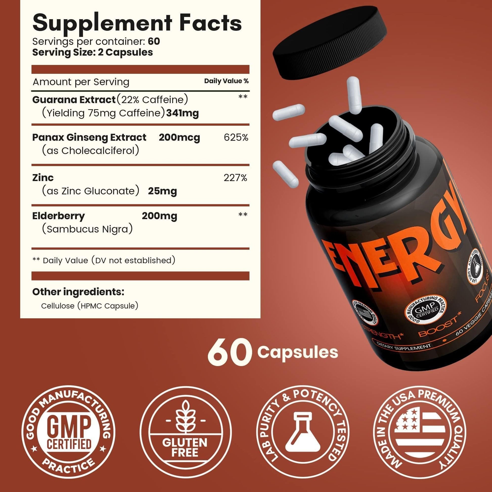 All Natural Energy Supplements with Elderberry Caffeine Pills 60 Capsules - Concordia Style Boutique