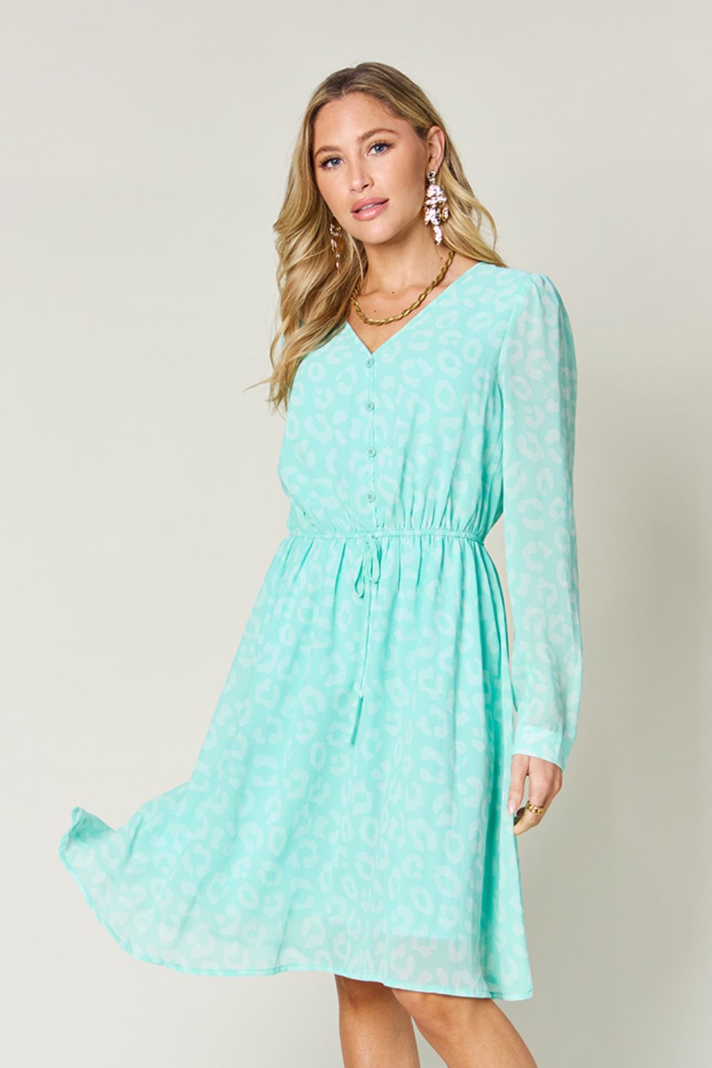 Double Take Full Size Printed Ruched V-Neck Long Sleeve Dress - Concordia Style Boutique