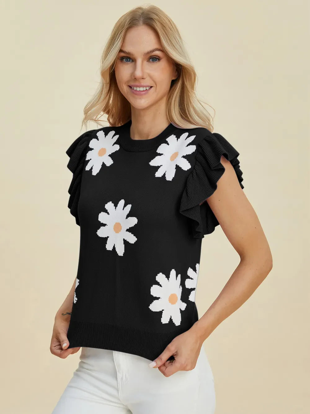 Double Take Full Size Ruffled Flower Round Neck Cap Sleeve Sweater - Concordia Style Boutique