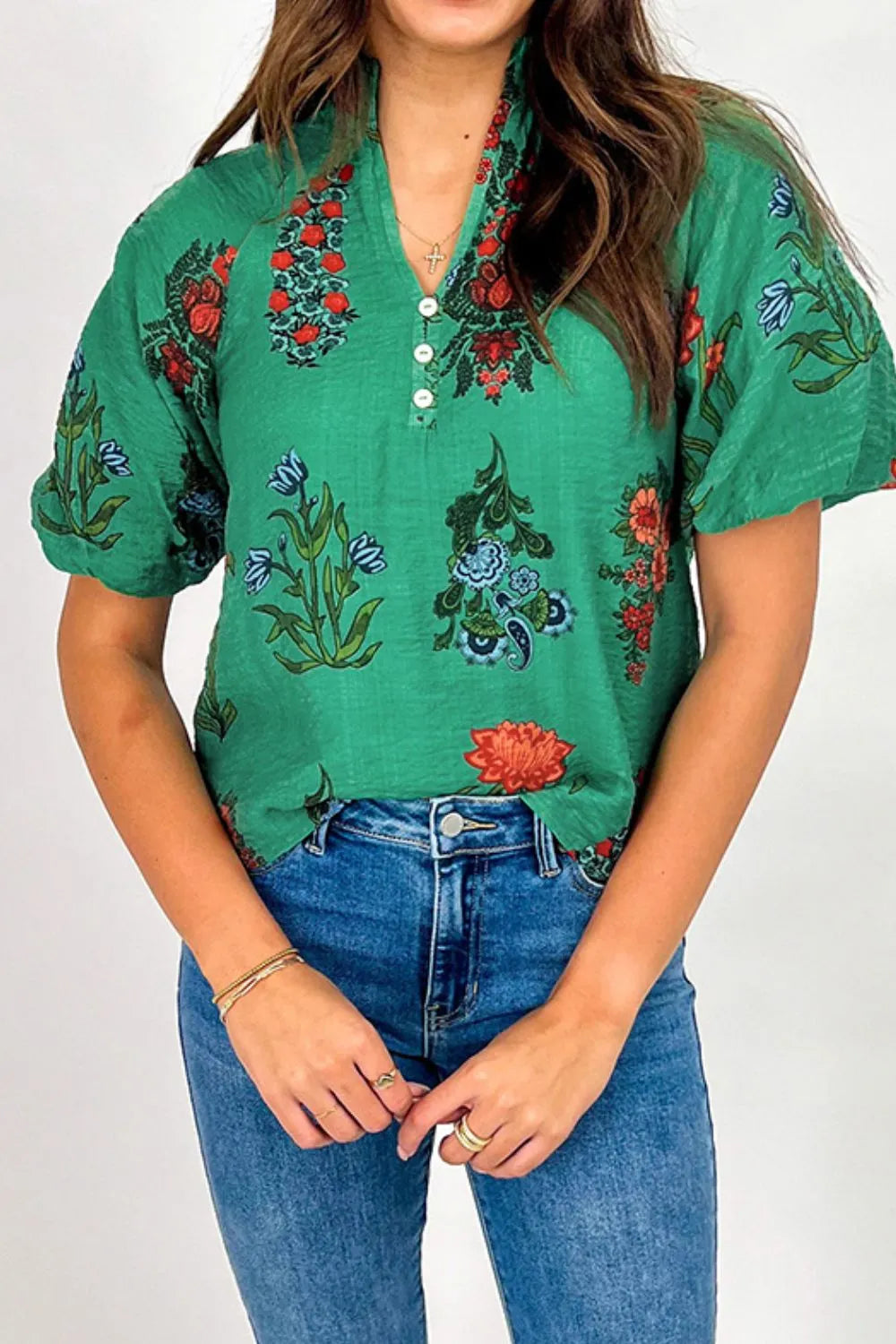 Floral Print Notched Short Sleeve Blouse - Concordia Style Boutique
