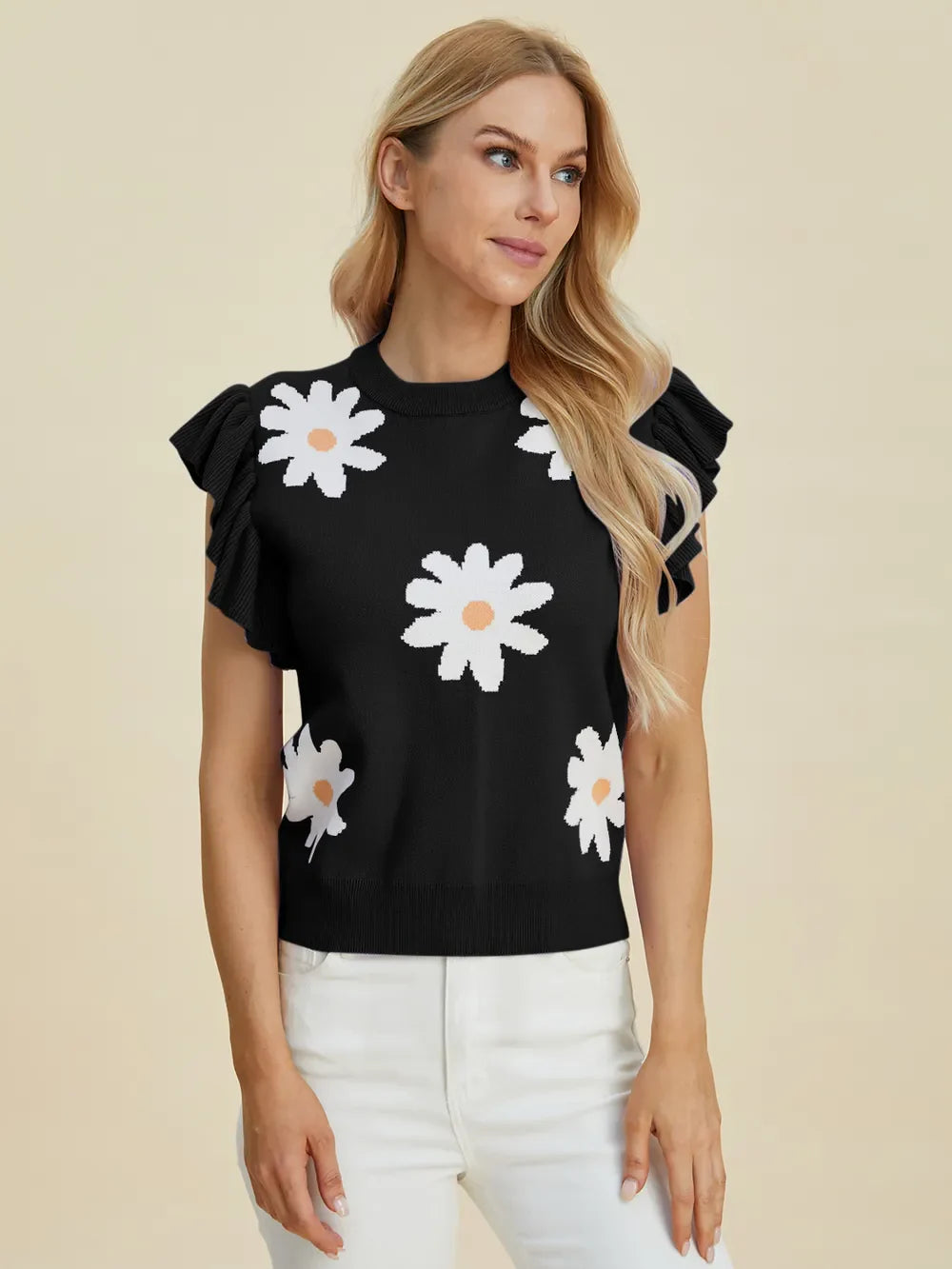 Double Take Full Size Ruffled Flower Round Neck Cap Sleeve Sweater - Concordia Style Boutique