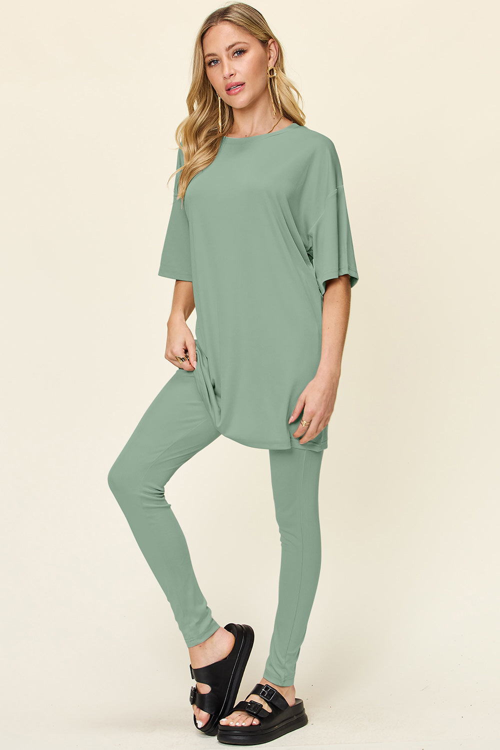 Double Take Full Size Round Neck Dropped Shoulder T-Shirt and Leggings Set - Concordia Style Boutique