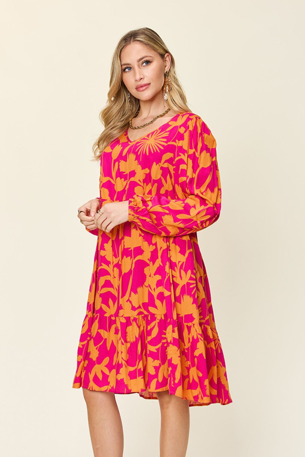 Double Take Full Size Printed Ruffle Hem Long Sleeve Dress - Concordia Style Boutique