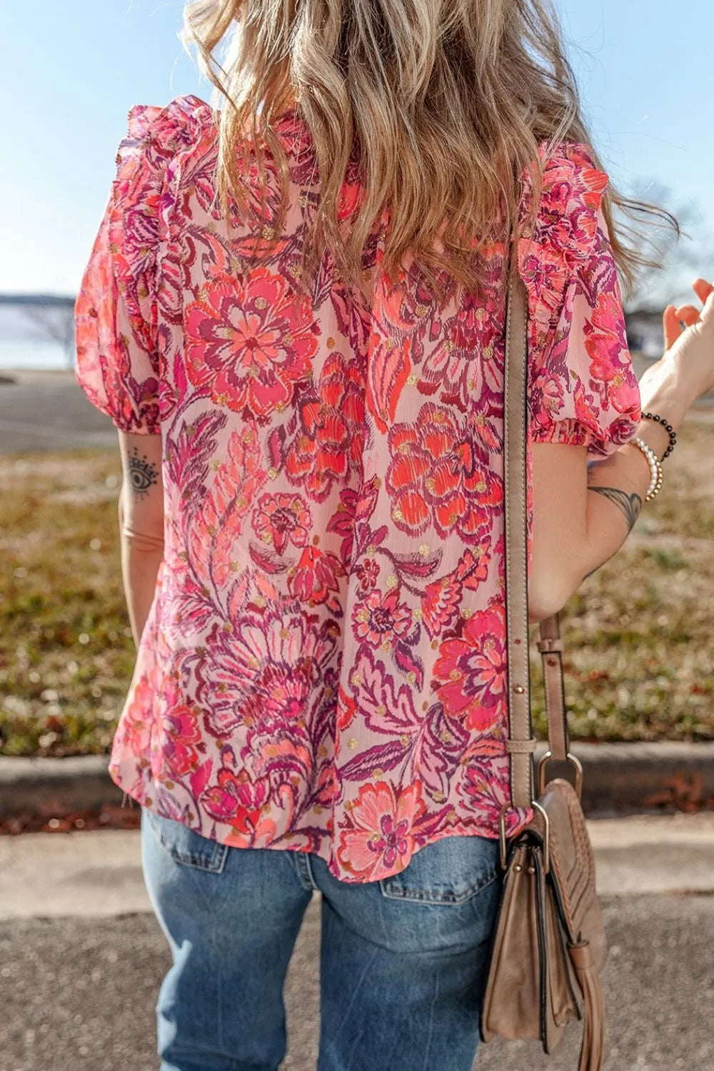 Floral Print Ruffled Puff Short Sleeve Blouse - Concordia Style Boutique
