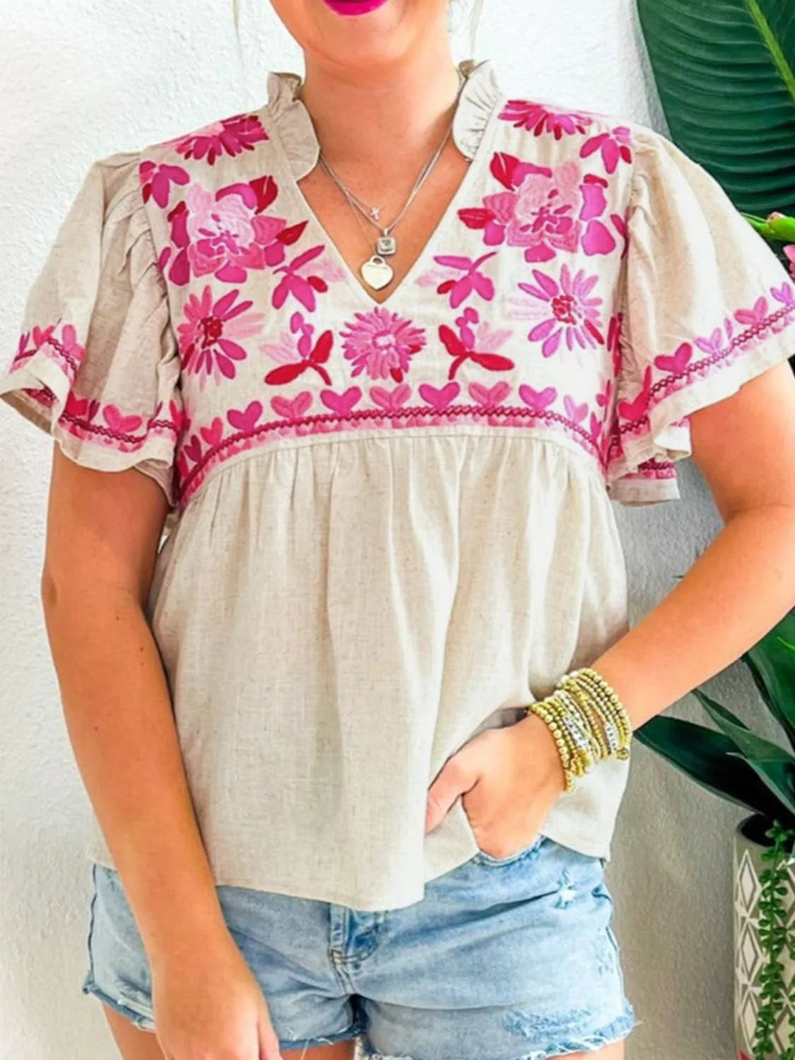 Floral Embroidered Short Sleeve Notched Blouse - Concordia Style Boutique