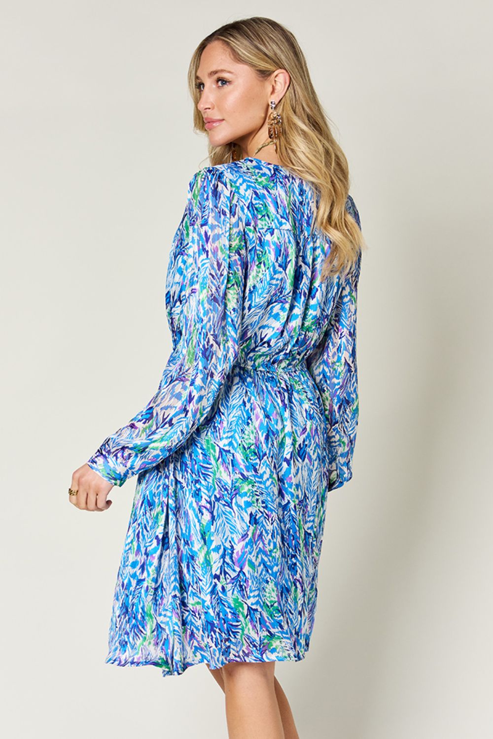 Double Take Full Size Printed Drawstring Waist Long Sleeve Dress - Concordia Style Boutique