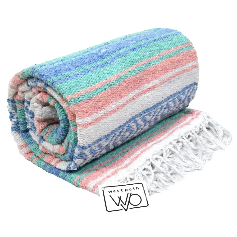 Mint, Blue & Coral Peach Mexican Falsa Blanket - Concordia Style Boutique