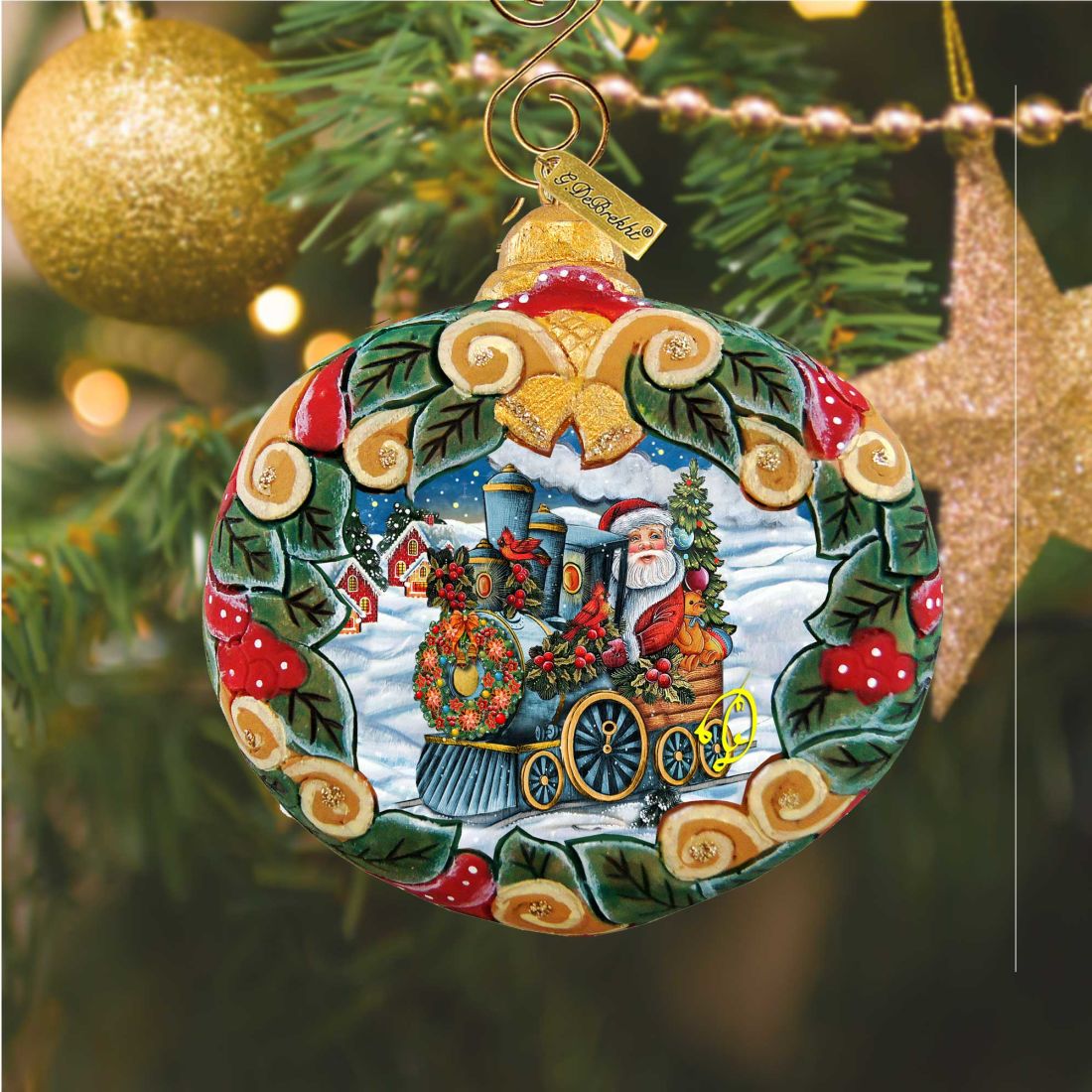 Santa Express Wreath Sculpted Hand-Painted Christmas Ornament by G. DeBrekht - Santa Snowman Christmas Decor - 610315