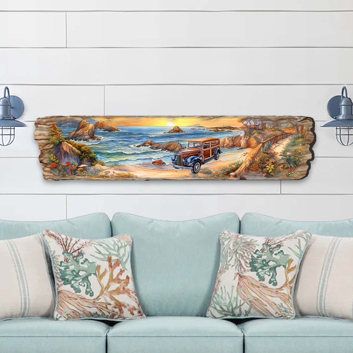 Retro Car on Beach Wooden Wall Art by G. DeBrekht Coastal Decor - 8491114W