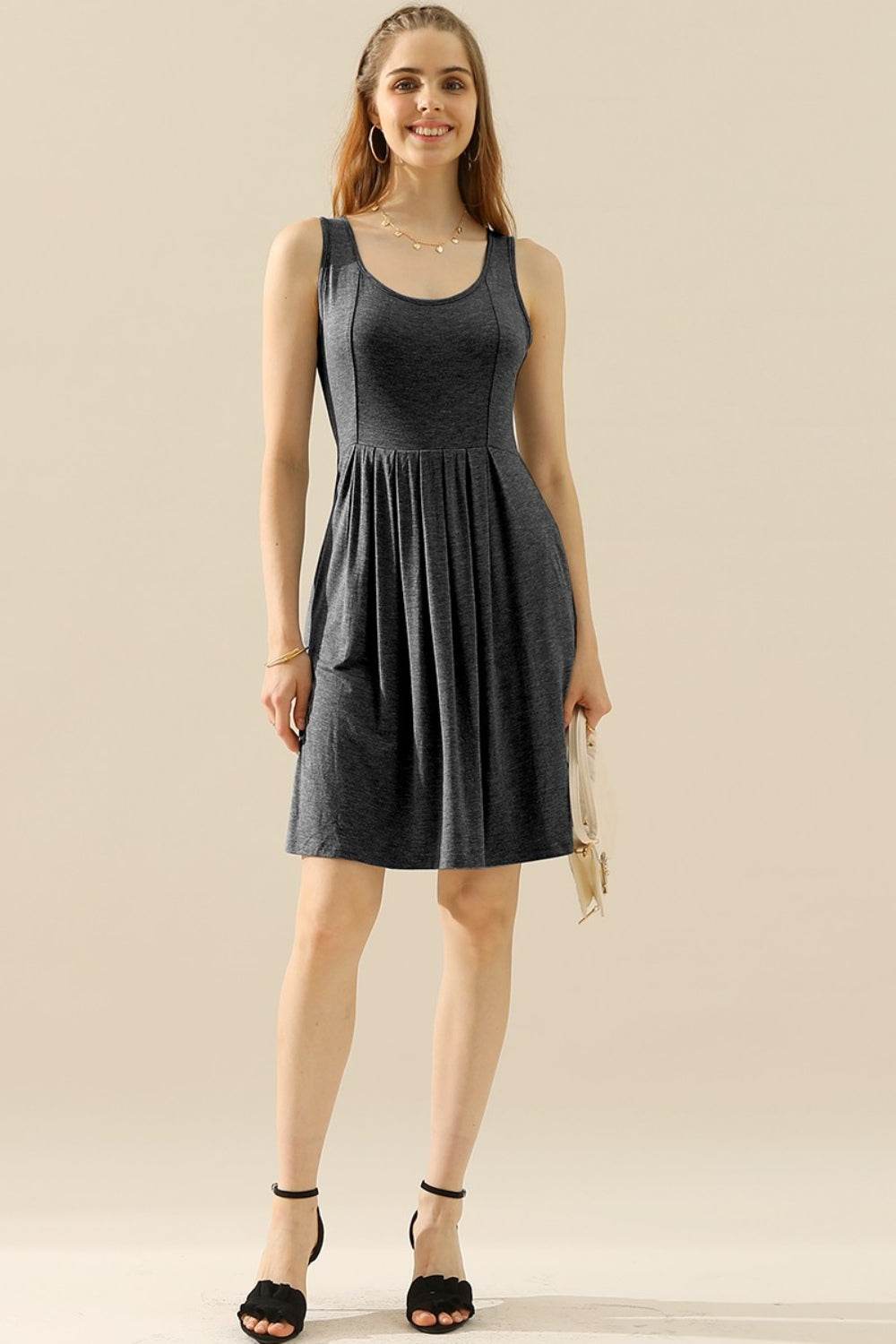 Doublju Full Size Round Neck Ruched Sleeveless Dress with Pockets - Concordia Style Boutique