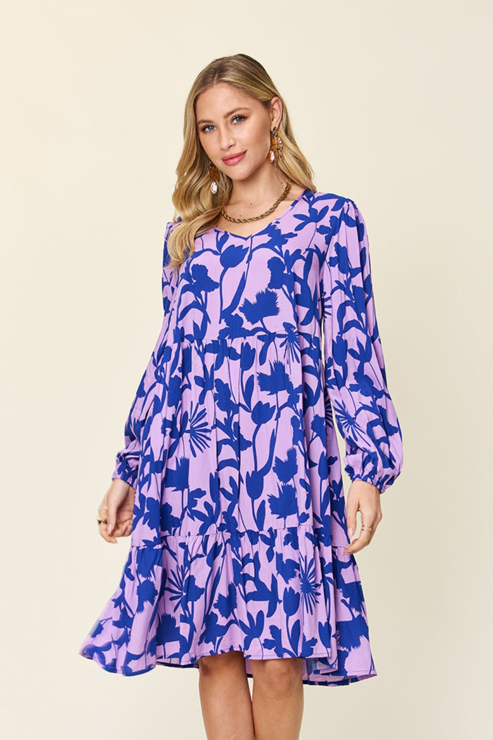 Double Take Full Size Printed Ruffle Hem Long Sleeve Dress - Concordia Style Boutique