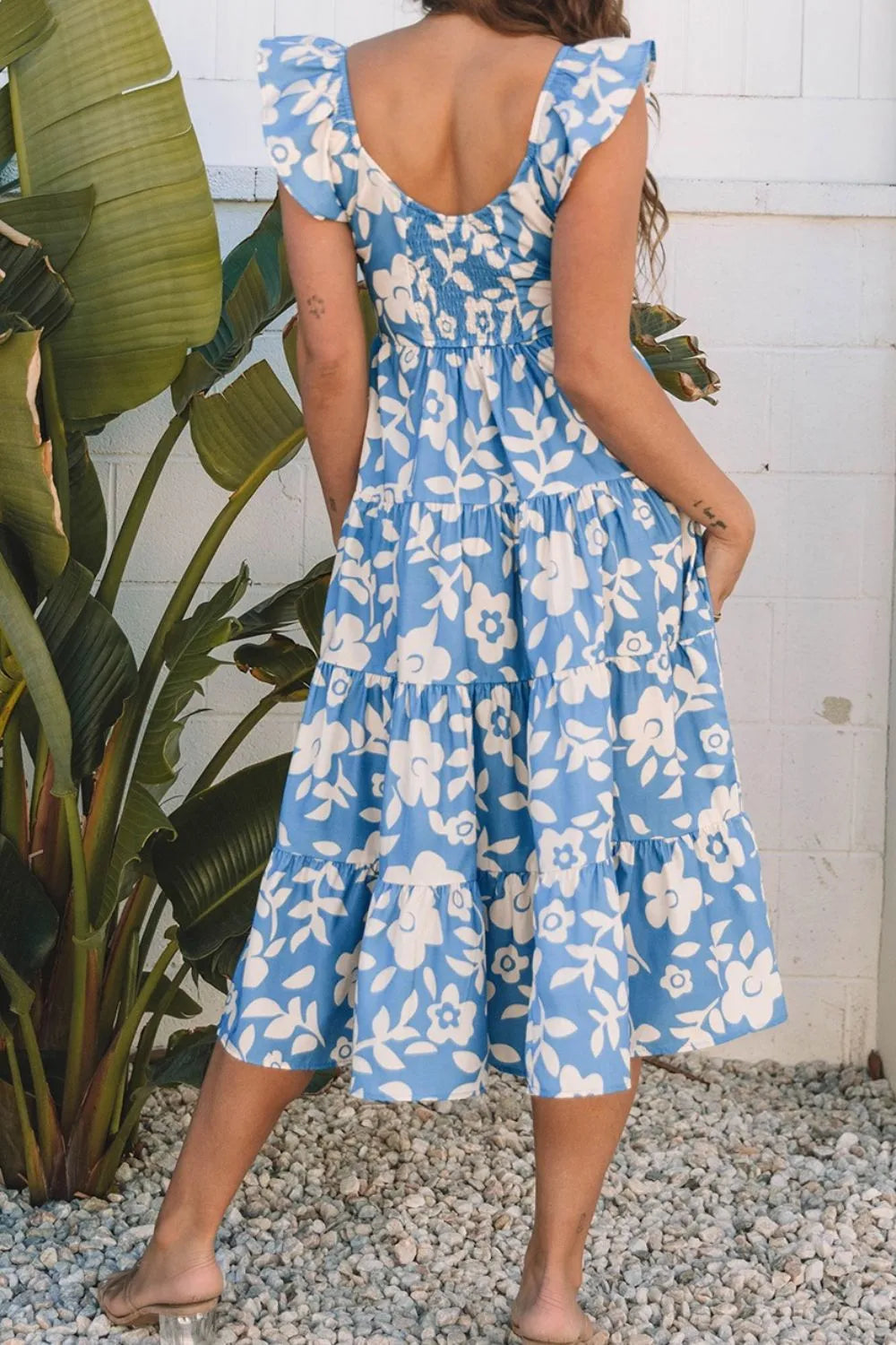 Floral Flutter Shoulder Tiered Flowy Midi Dress - Concordia Style Boutique