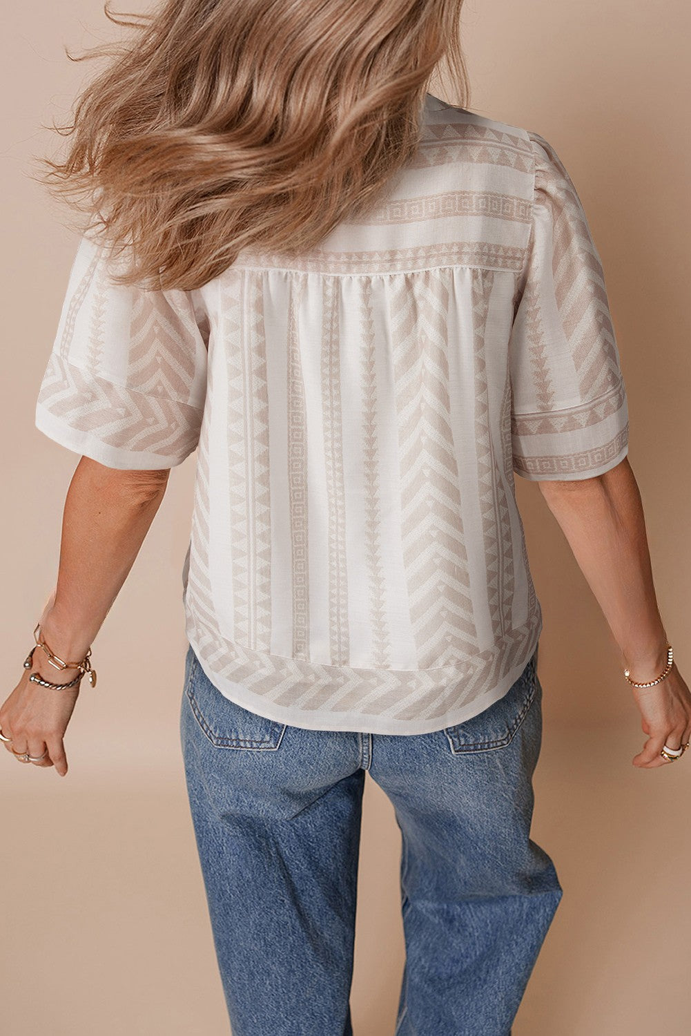 Analia Jacquard Split V Neck Short Sleeve Blouse - Concordia Style Boutique